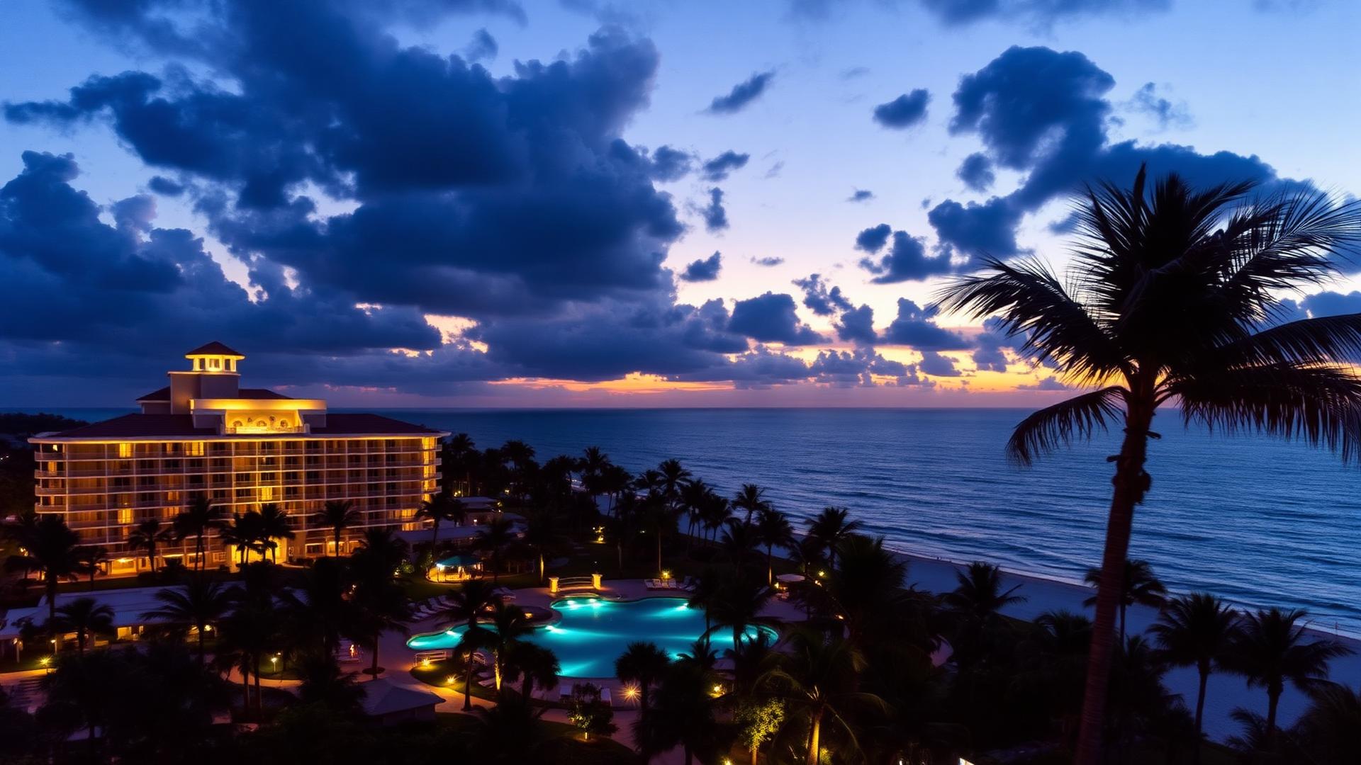Florida beachfront resort hotel illuminated at twilight