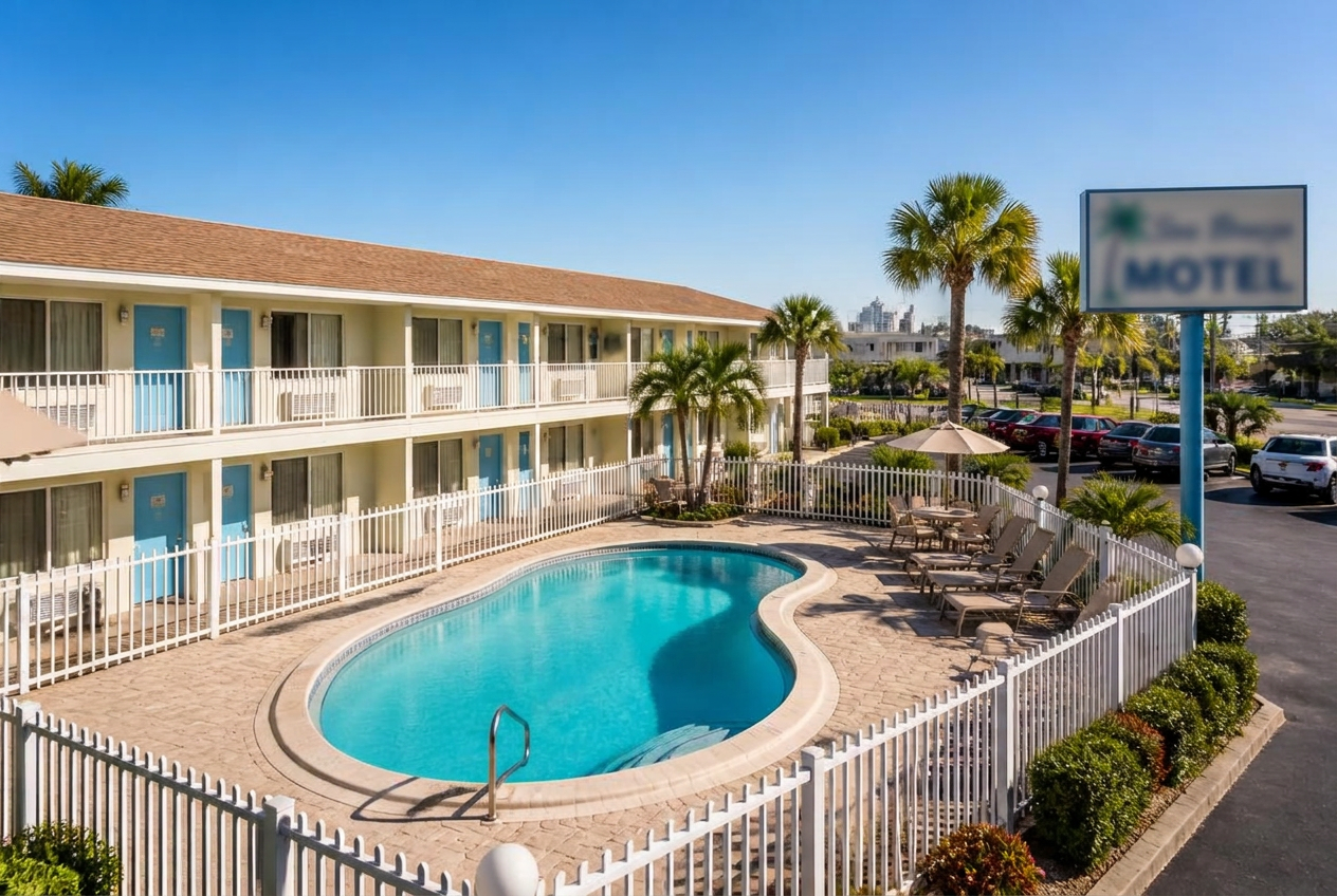 Traditional Florida motel with exterior corridors and pool